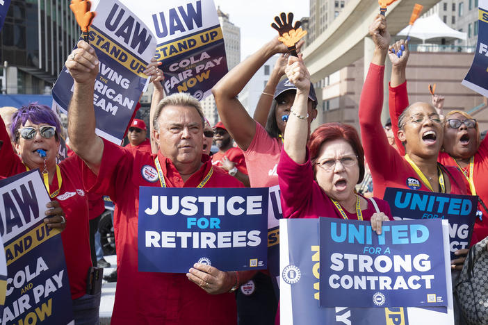 United Auto Workers members attend a solidarity rally as the UAW strikes the Big Three automakers on Sept. 15 in Detroit.