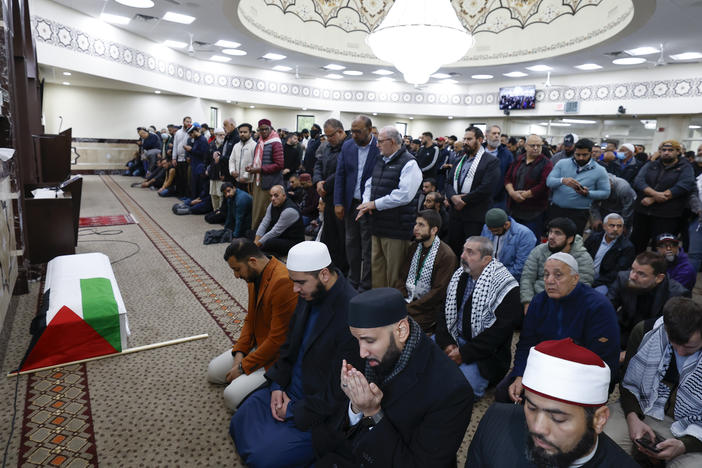 Community members pray during a funeral service for 6-year-old Wadea Al-Fayoume at the Mosque Foundation on Monday, Oct. 16, 2023, in Bridgeview, Ill.