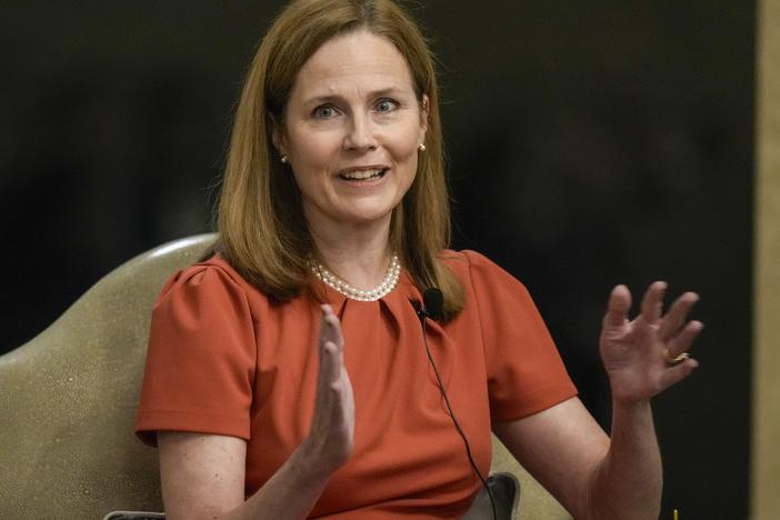 Supreme Court Associate Justice Amy Coney Barrett speaks during the Seventh Circuit Judicial Conference on Monday, Aug. 28, 2023, in Lake Geneva, Wis.