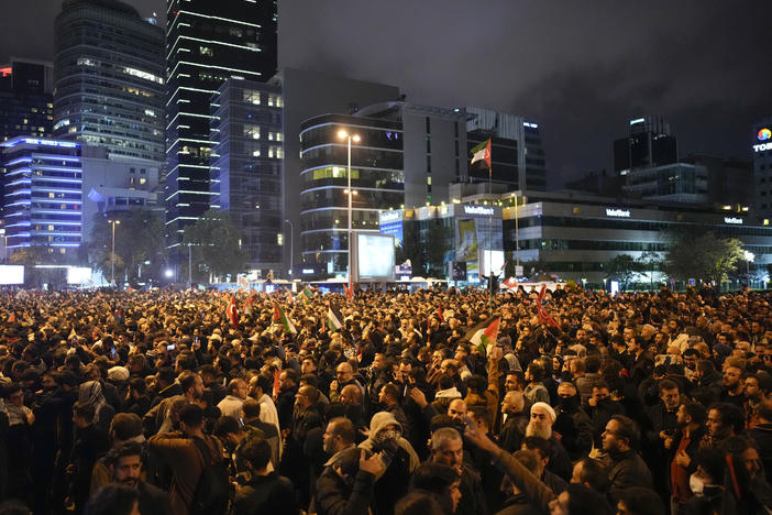 Tues., Oct. 17: People gather outside the Israeli consulate during a protest to show solidarity with Palestinians, in Istanbul, Turkey.