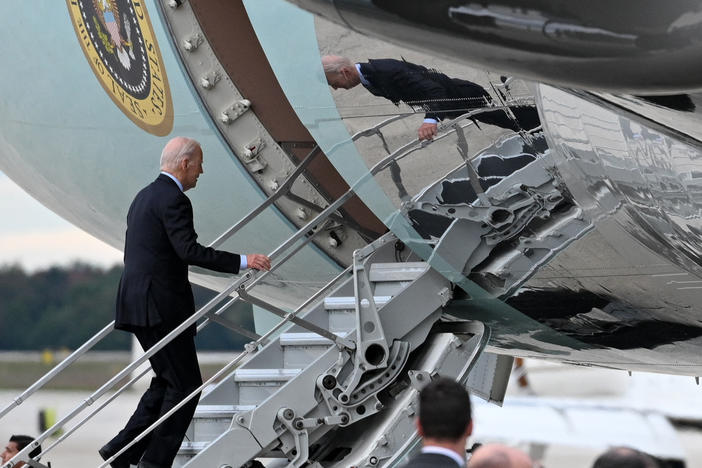President Biden boards Air Force One at Joint Base Andrews in Maryland on Oct. 17, 2023, en route to Israel.