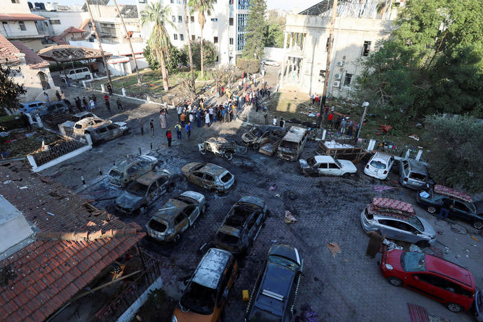 A view shows an area of Al Ahli Arab Hospital where hundreds of Palestinians were killed in a blast. The blast area was relatively small but occurred in a courtyard packed with Palestinian civilians.