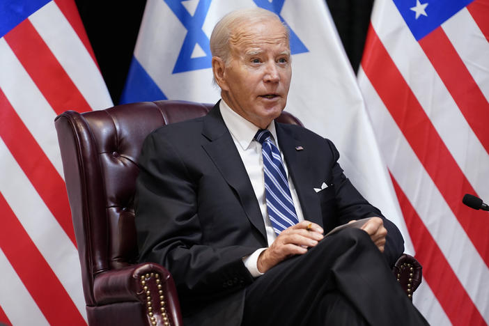 President Joe Biden speaks as he and Israeli Prime Minister Benjamin Netanyahu participate in an expanded bilateral meeting with Israeli and U.S. government officials, Wednesday in Tel Aviv.