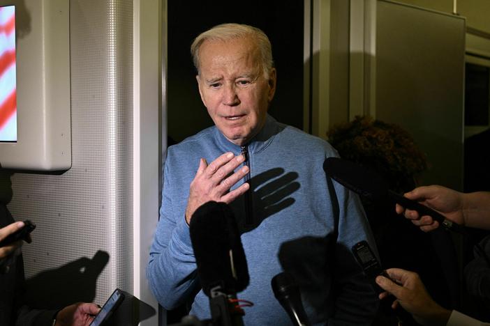 President Biden makes a rare appearance in the press cabin on Air Force One during his return from Tel Aviv to talk about a deal to get aid into Gaza through Egypt.