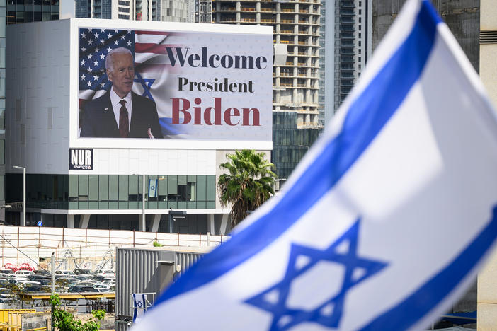 A digital billboard in Tel Aviv welcomes U.S. President Joe Biden to Israel on Wednesday.