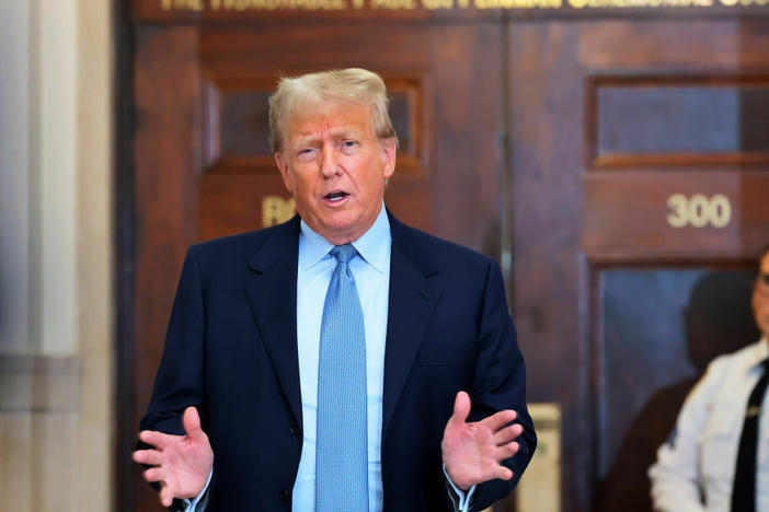 Former President Donald Trump speaks after returning from a break during his civil fraud trial at New York State Supreme Court on Oct. 18 in New York City.