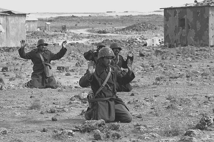 Syrian soldiers raise their hands in surrender on Oct. 10, 1973, in the Golan Heights, five days into the Yom Kippur War.