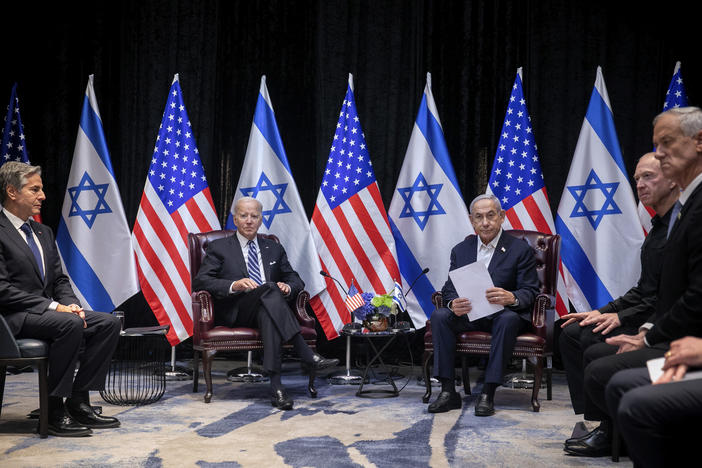 President Joe Biden, center left, during a meeting with Israeli Prime Minister Benjamin Netanyahu, center right, in Tel Aviv, Israel, Wednesday.