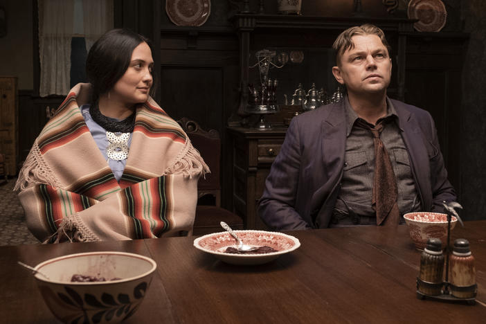 Lily Gladstone and Leonardo DiCaprio in <em>Killers of the Flower Moon.</em>