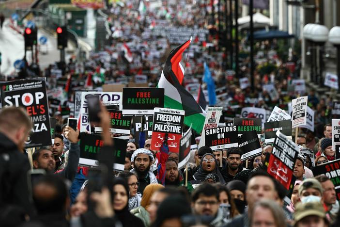 People take part in a "March For Palestine" in London on Saturday.