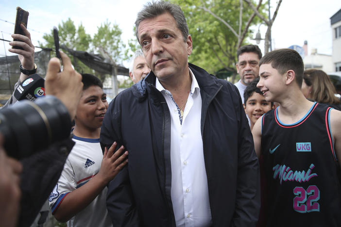 Economy Minister and presidential hopeful Sergio Massa arrives to a polling station during general elections in Buenos Aires, Argentina, on Sunday.