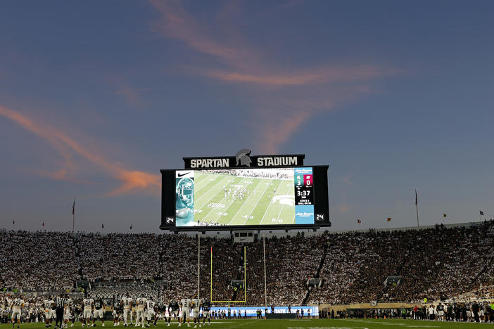 A general view as the sun sets during a game between the Central Michigan Chippewas and the Michigan State Spartans at Spartan Stadium on Sept. 1, 2023 in East Lansing, Mich.