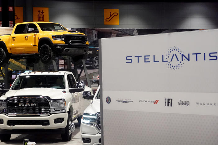 Stellantis shows off its Ram truck lineup at the Chicago Auto Show in Chicago on Feb. 9, 2023. The UAW ordered 6,800 union members to walk off their jobs at the company's lucrative Ram pickup assembly plant in Sterling Heights, Mich.
