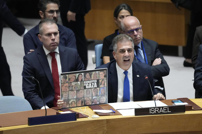 Israeli Foreign Minister Eli Cohen speaks during a Security Council meeting at United Nations headquarters on Tuesday.