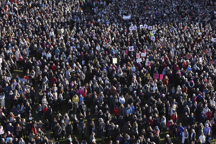 People across Iceland gather during the women's strike in Reykjavik, Iceland, Tuesday, Oct. 24, 2023. Iceland's prime minister and women across the island nation are on strike to push for an end to unequal pay and gender-based violence.