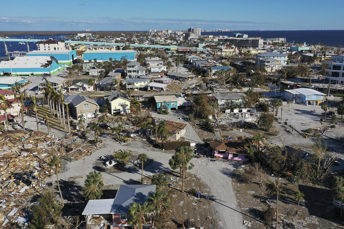 In this aerial view, the destruction left in the wake of Hurricane Ian is shown on Oct. 2, 2022, in Fort Myers Beach, Fla. The state's home insurance market is reeling after disasters like this one.