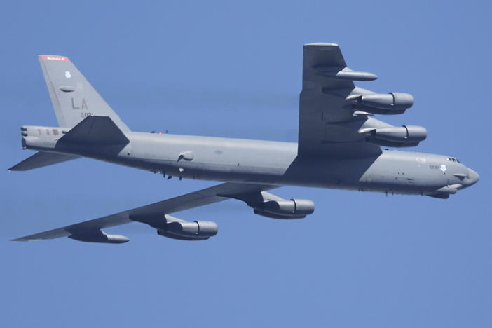 A U.S. Air Force B-52 bomber flies during the Seoul International Aerospace and Defense Exhibition 2023 at Seoul Air Base in Seongnam, South Korea, on Oct. 17, 2023.