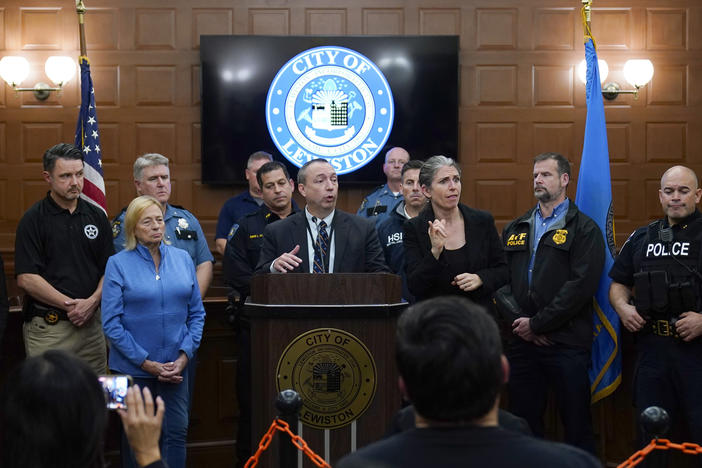 Maine Commissioner of Public Safety Mike Sauschuck speaks during a news conference Friday night in the aftermath of the mass shooting in Lewiston, Maine.