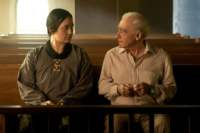 Lily Gladstone, left, plays Mollie Kyle in <em>Killers of the Flower Moon, </em>directed by Martin Scorsese, right.