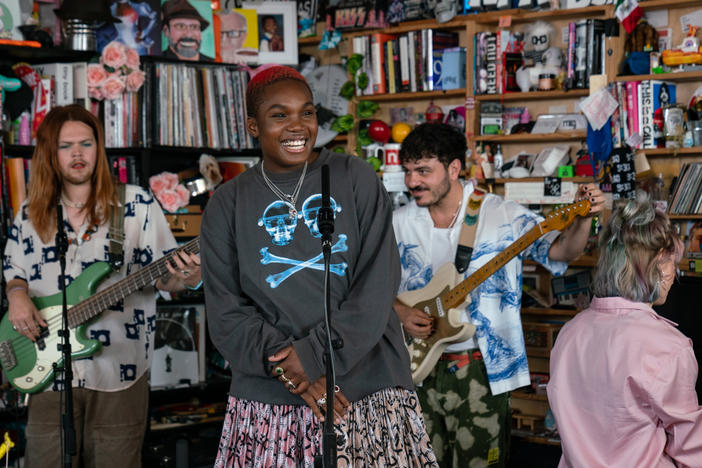 Arlo Parks performs at the Tiny Desk at NPR's HQ in Washington, DC on Oct. 5, 2023. (Catie Dull/NPR)