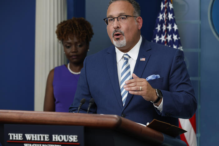 Education Secretary Miguel Cardona talks to reporters during the daily news conference in the Brady Press Briefing Room at the White House on June 30, 2023 in Washington, D.C.