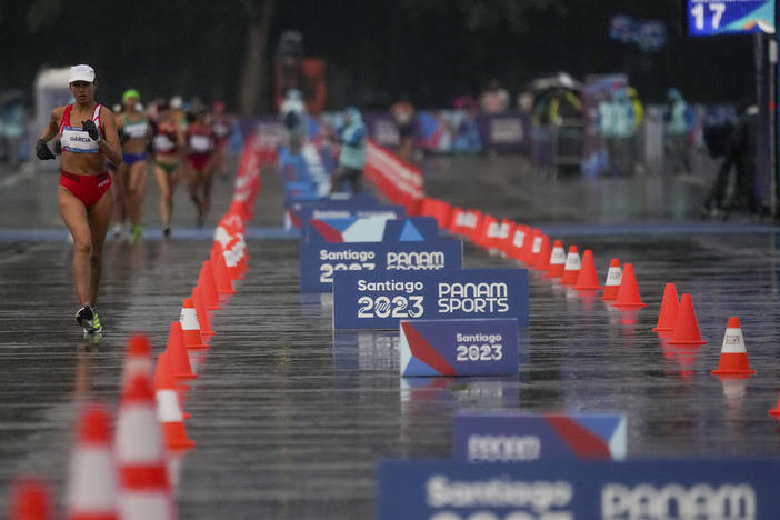 Peru's Kimberly Garcia competes in the women's 20km race walk final at the Pan American Games in Santiago, Chile, on Oct. 29, 2023.