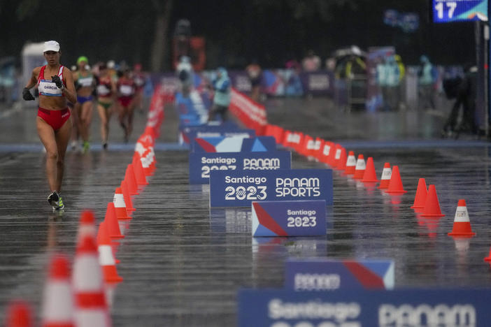 Peru's Kimberly Garcia competes in the women's 20km race walk final at the Pan American Games in Santiago, Chile, on Oct. 29, 2023.