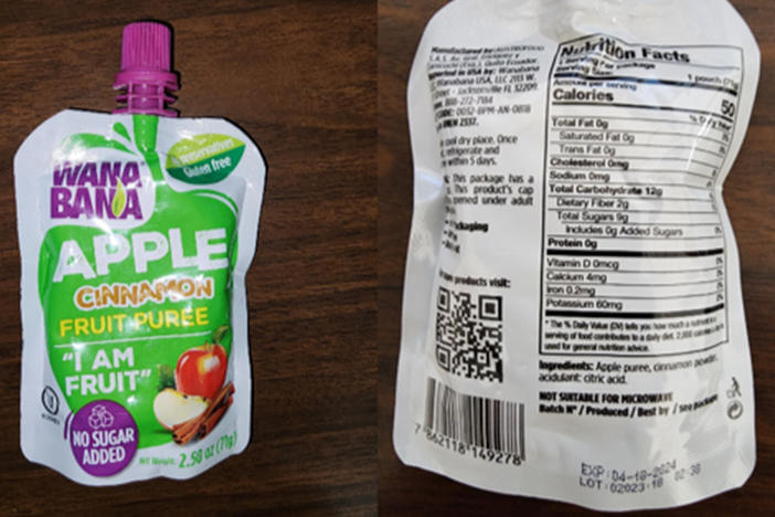 This photo provided by the U.S. Food and Drug Administration on Oct. 28, 2023, shows a WanaBana apple cinnamon fruit puree pouch.