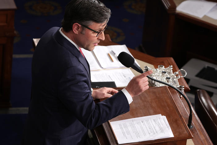 House Speaker Mike Johnson, R-La., delivers remarks at the U.S. Capitol on Wednesday. House Republicans have since introduced a bill that would give some $14 billion to Israel and cut that same amount from the IRS.