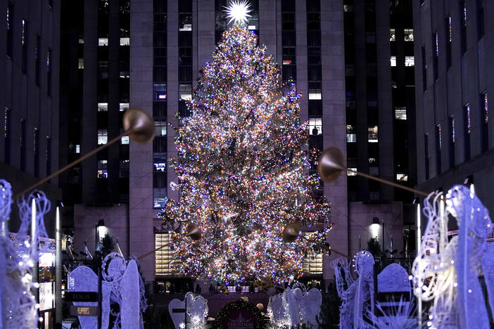 The Rockefeller Center Christmas tree stands illuminated following the 90th annual lighting ceremony, on Nov. 30, 2022, in New York.