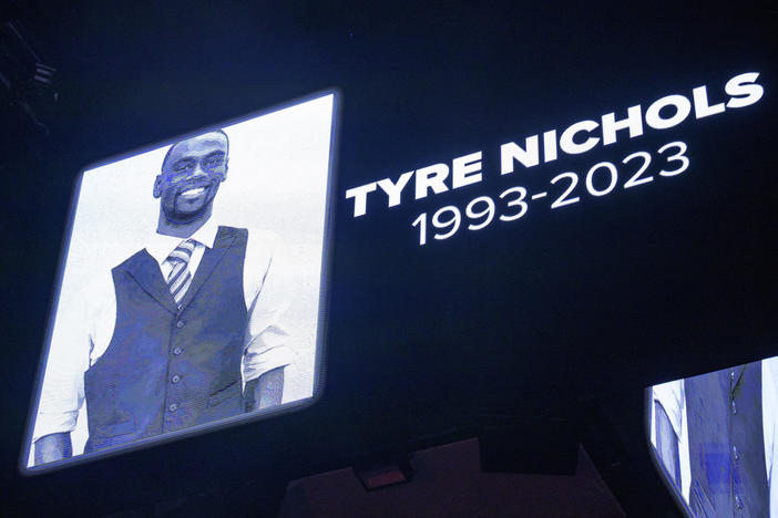The screen at the Smoothie King Center in New Orleans honors Tyre Nichols before an NBA basketball game on Jan. 28.
