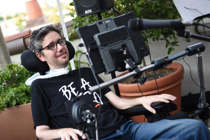 Ady Barkan speaks at the premiere of his documentary <em>Not Going Quietly</em> in August 2021 in Los Angeles.