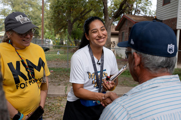Kimberly Mata-Rubio meets Uvalde residents during her block walk on Oct. 21.