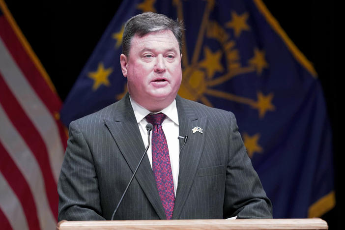 The Indiana Supreme Court has found the state's attorney general, Todd Rokita, violated professional conduct rules in his remarks about an abortion provider. Rokita is seen here speaking in Indianapolis in 2021.