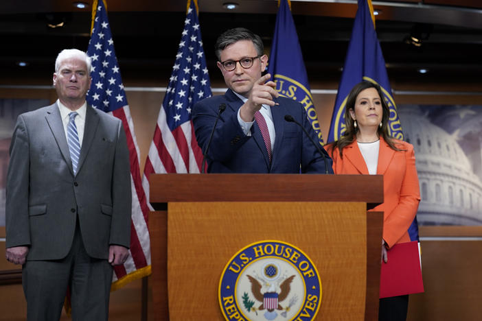 Speaker of the House Mike Johnson, R-La., center, joined by, from left, Majority Whip Tom Emmer, R-Minn., and Republican Conference Chairperson Elise Stefanik, R-N.Y., talks with reporters ahead of the debate and vote on supplemental aid to Israel, at the Capitol in Washington, Thursday, Nov. 2, 2023.