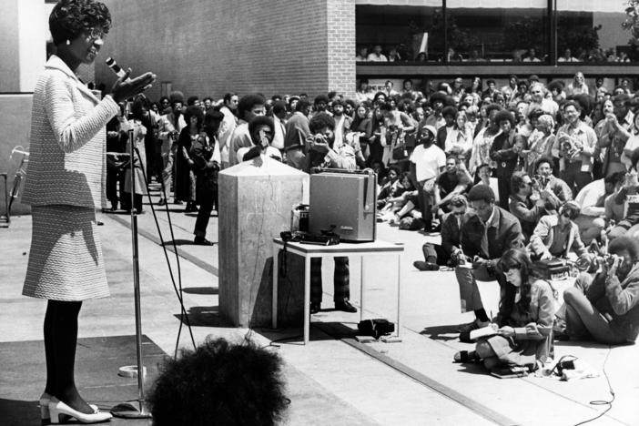 Shirley Chisholm, the first Black woman elected to U.S. Congress was running for president in 1972 when she had a remarkable interaction with the pro-segregation George Wallace, then governor of Alabama. Her efforts to build bridges with him ultimately changed his point of view. She's pictured here giving a speech at Laney Community College during her presidential campaign.