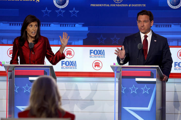Republican presidential candidates former U.N. Ambassador Nikki Haley and Florida Gov. Ron DeSantis participate in the FOX Business Republican Primary Debate at the Ronald Reagan Presidential Library in September.