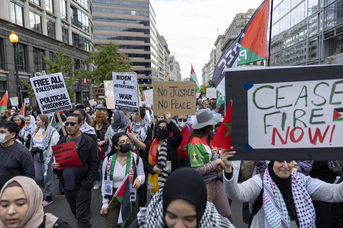 People march during a pro-Palestinian demonstration in Washington on Saturday.