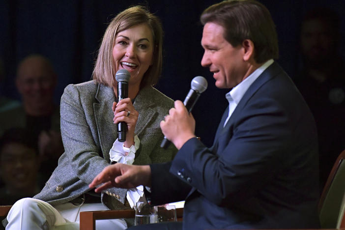 Florida Gov. Ron DeSantis speaks at an event with Iowa Gov. Kim Reynolds on March 10 in Davenport, Iowa.