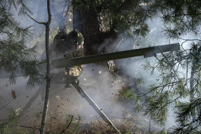 Ukrainian National Guard soldiers fire a recoilless cannon during combat training at a military training ground in northern Ukraine on Friday, Nov. 3, 2023.