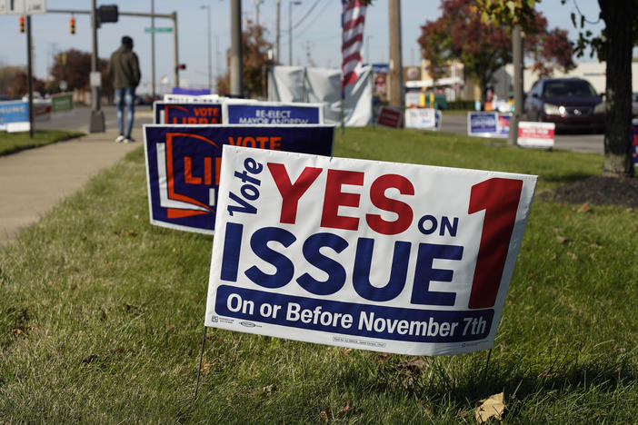 Signage in support of Issue 1 is seen in Columbus, Ohio. Ohioans are voting on a state constitutional amendment that would codify reproductive rights.