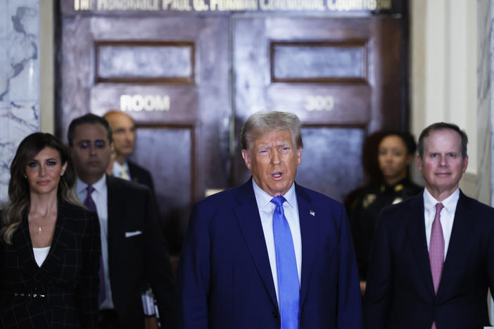 Former President Donald Trump speaks to the media as he arrives for his civil fraud trial at New York State Supreme Court on Nov. 6, 2023 in New York City.