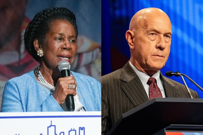 Left: Houston mayoral candidate U.S. Rep. Sheila Jackson Lee during a campaign event on Oct. 27, 2023 in Houston. Right: State Sen. John Whitmire during a debate on Oct. 10, 2023 in Houston.