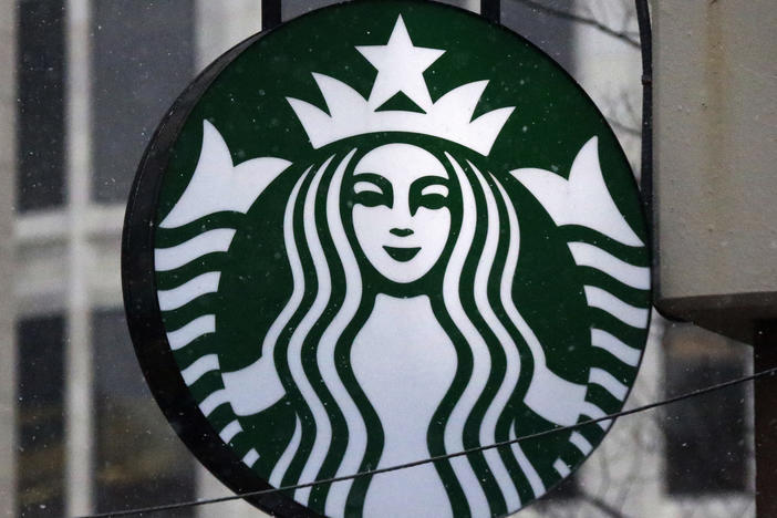 The Starbucks logo is seen on a shop, March 14, 2017, in downtown Pittsburgh.