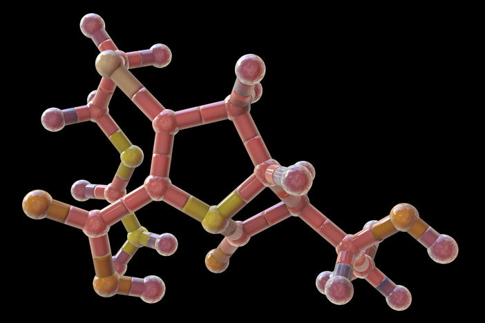 The above illustration depicts a molecular model for a carbapenem drug. The carbapenem group of antibiotics is the last resort for antibiotic-resistant infections and is approved for children.  But carbapenems are not widely used because they're expensive, they're administered by IV — and doctors are concerned that bacteria could develop resistance to these antibiotics.