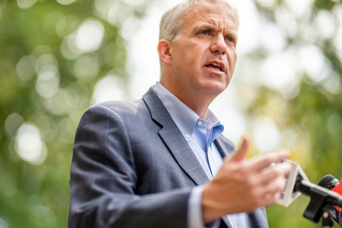 Mississippi Democratic gubernatorial candidate Brandon Presley speaks to reporters during a campaign stop on Nov. 6 in Jackson, Miss.