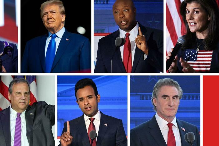 Clockwise from top left: Florida Gov. Ron DeSantis, Donald Trump, South Carolina Sen. Tim Scott, former U.N. Ambassador Nikki Haley, North Dakota Gov. Doug Burgum, Vivek Ramaswamy and former New Jersey Gov. Chris Christie.