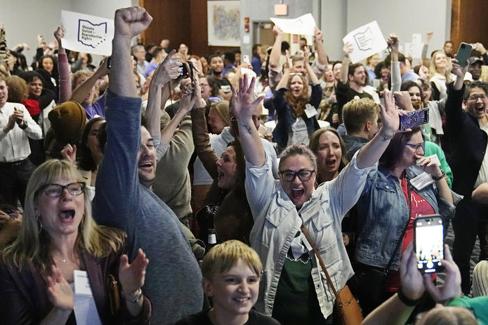 Supporters for a pro-abortion ballot measure cheer as they watch election results come in on Tuesday in Columbus, Ohio.