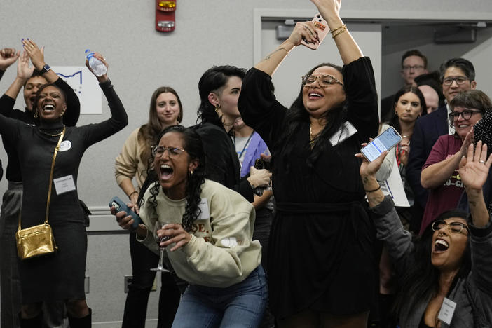 Issue 1 supporters celebrate at a watch party, Tuesday in Columbus, Ohio. Ohio voters approved a constitutional amendment that guarantees the right to abortion and other forms of reproductive health care. The outcome of Tuesday's intense, off-year election was the latest blow for abortion opponents.