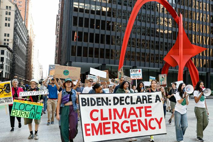 Environmental activists march during the Global Climate Strike in downtown Chicago on Sept. 15, 2023. Local groups across the United States are gathering to call for an end to the era of fossil fuels.